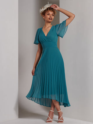 Elene Pleated High Low Chiffon Maxi Dress, Teal