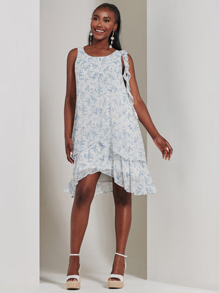 Frill Chiffon Mini Swing Dress, White Floral