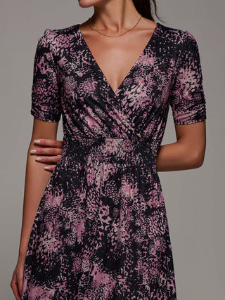 Ruched Waist Drawstring Sleeve Midi Dres, Black/Pink