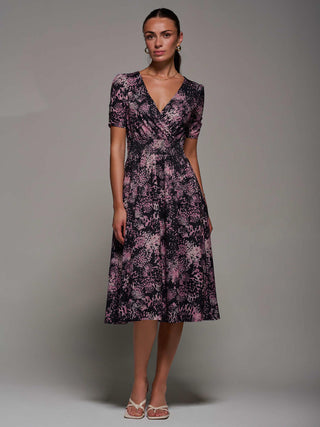 Ruched Waist Drawstring Sleeve Midi Dres, Black/Pink