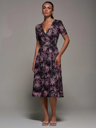 Ruched Waist Drawstring Sleeve Midi Dres, Black/Pink