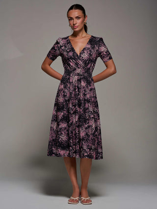 Ruched Waist Drawstring Sleeve Midi Dres, Black/Pink