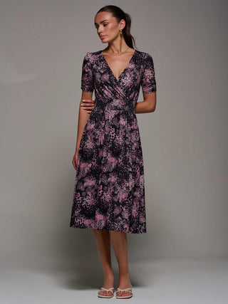 Ruched Waist Drawstring Sleeve Midi Dres, Black/Pink