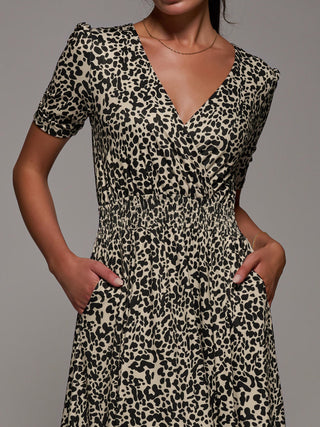 Ruched Waist Drawstring Sleeve Midi Dres, Brown Leopard