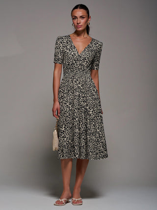 Ruched Waist Drawstring Sleeve Midi Dres, Brown Leopard