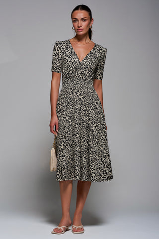 Ruched Waist Drawstring Sleeve Midi Dres, Brown Leopard