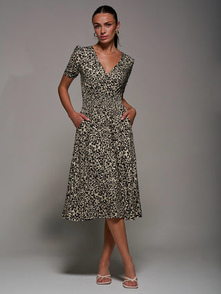 Ruched Waist Drawstring Sleeve Midi Dres, Brown Leopard