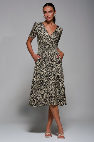 Ruched Waist Drawstring Sleeve Midi Dres, Brown Leopard