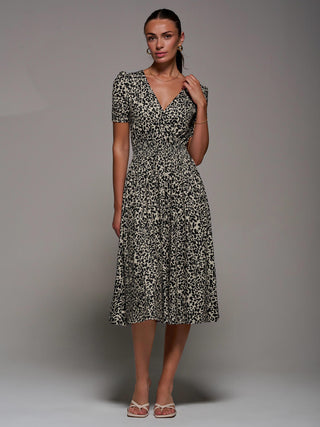 Ruched Waist Drawstring Sleeve Midi Dres, Brown Leopard