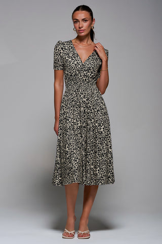 Ruched Waist Drawstring Sleeve Midi Dres, Brown Leopard