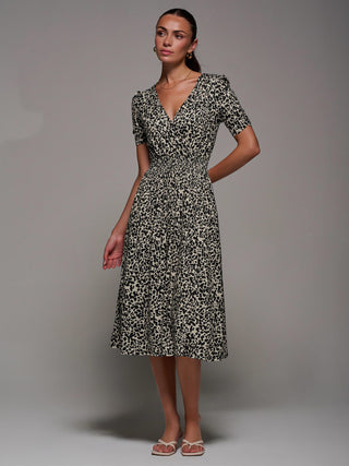 Ruched Waist Drawstring Sleeve Midi Dres, Brown Leopard