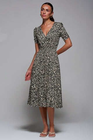 Ruched Waist Drawstring Sleeve Midi Dres, Brown Leopard