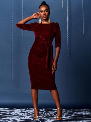 Velvet Tie Detail Bodycon Dress, Burgundy Jolie Moi Retail Velvet Tie Detail Bodycon Dress, Burgundy Jolie Moi Retail