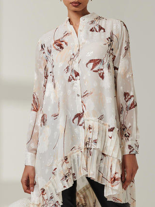 Asymmetric Tiered Hem Shirt, Cream Floral