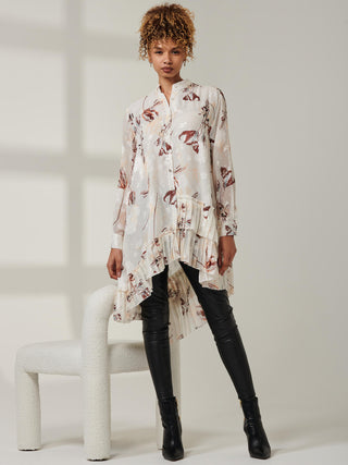 Asymmetric Tiered Hem Shirt, Cream Floral