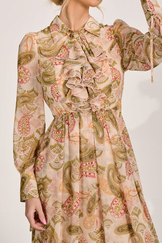 Long Sleeve Ruffle Chiffon Shirt Maxi Dress, Beige Paisley