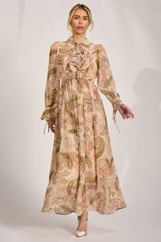 Long Sleeve Ruffle Chiffon Shirt Maxi Dress, Beige Paisley