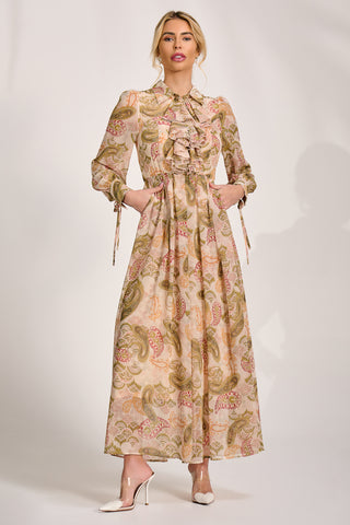 Long Sleeve Ruffle Chiffon Shirt Maxi Dress, Beige Paisley