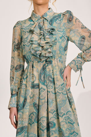 Long Sleeve Ruffle Chiffon Shirt Maxi Dress, Teal Paisley