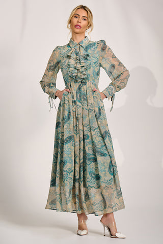 Long Sleeve Ruffle Chiffon Shirt Maxi Dress, Teal Paisley