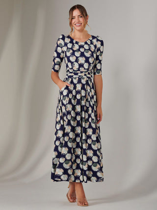 Enya 3/4 Sleeve Jersey Midaxi Dress, Navy Pattern