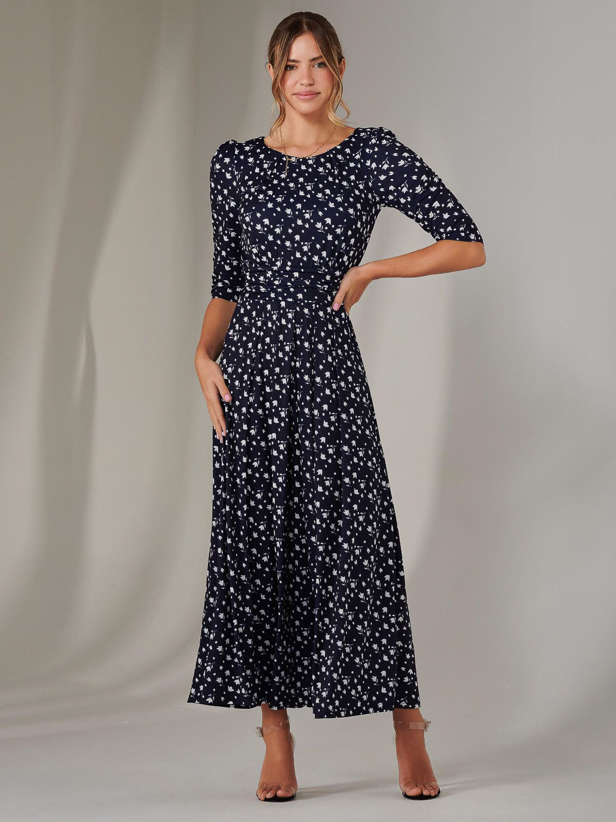 Enya 3/4 Sleeve Jersey Midaxi Dress, Navy White Floral – Jolie Moi