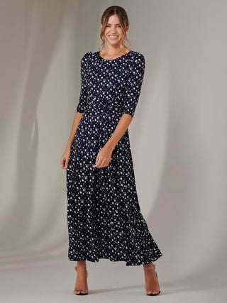 Enya 3/4 Sleeve Jersey Midaxi Dress, Navy White Floral