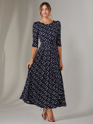 Enya 3/4 Sleeve Jersey Midaxi Dress, Navy White Floral