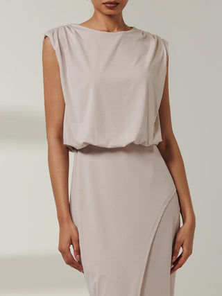 Kira Tiered Draped Bodycon Dress, Taupe