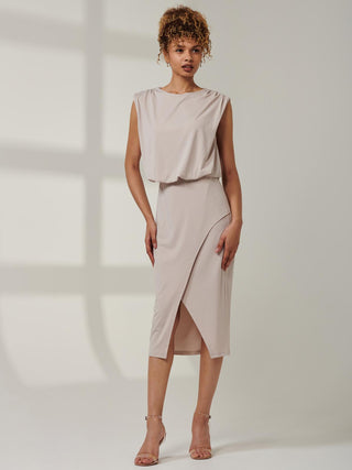 Kira Tiered Draped Bodycon Dress, Taupe