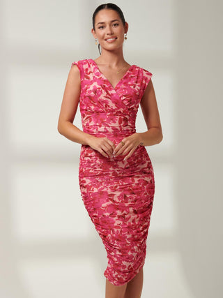 Pamela Ruched Mesh Bodycon Dress, Pink Multi, Sleeveless, Close up Image