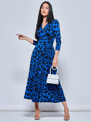 Animal Print Long Sleeve Maxi Dress, Blue Animal