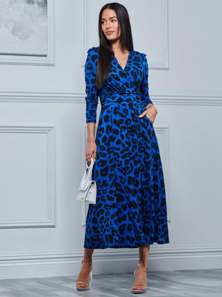 Animal Print Long Sleeve Maxi Dress, Blue Animal