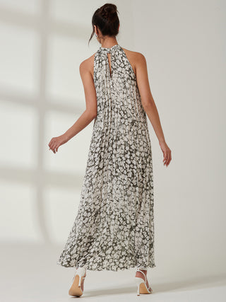 Abstract Halter Neck Pleated Maxi Dress, Black Abstract