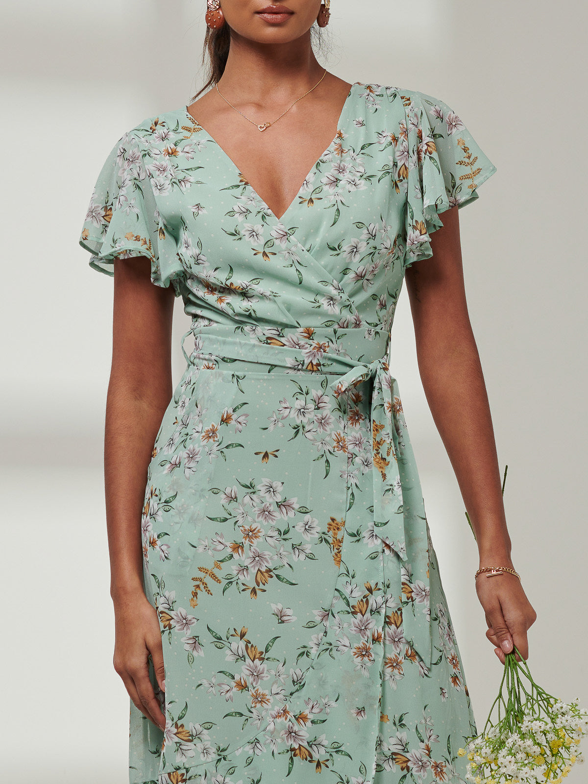 Haylie Frill Chiffon Maxi Dress, Green Floral – Jolie Moi Retail
