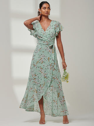 Haylie Frill Chiffon Maxi Dress, Green Floral