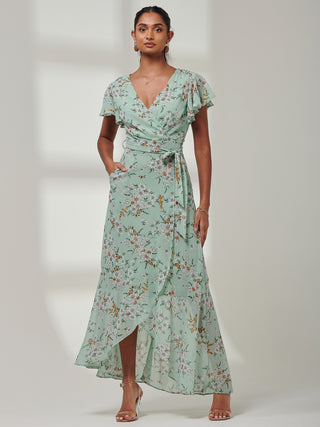 Haylie Frill Chiffon Maxi Dress, Green Floral