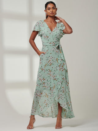 Haylie Frill Chiffon Maxi Dress, Green Floral