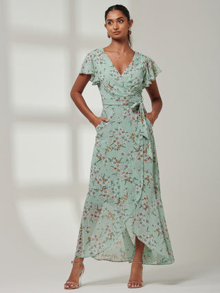 Haylie Frill Chiffon Maxi Dress, Green Floral