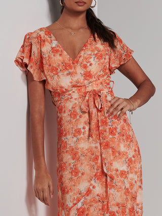 Haylie Frill Chiffon Maxi Dress, Orange Multi