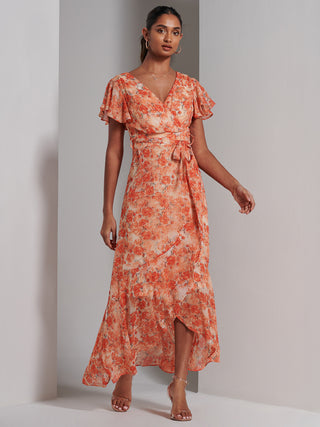 Haylie Frill Chiffon Maxi Dress, Orange Multi