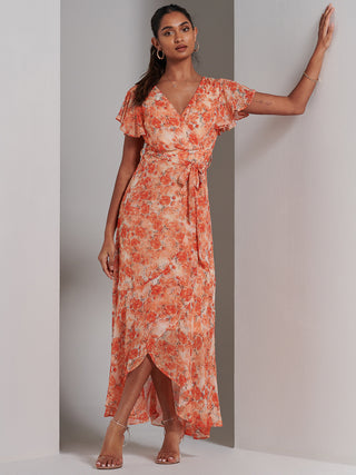 Haylie Frill Chiffon Maxi Dress, Orange Multi