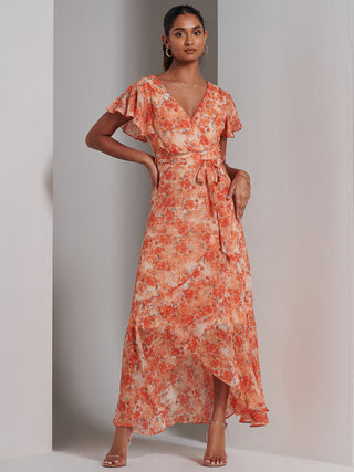 Haylie Frill Chiffon Maxi Dress, Orange Multi