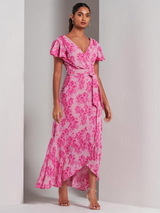 Haylie Frill Chiffon Maxi Dress, Pink Floral