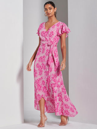 Haylie Frill Chiffon Maxi Dress, Pink Floral