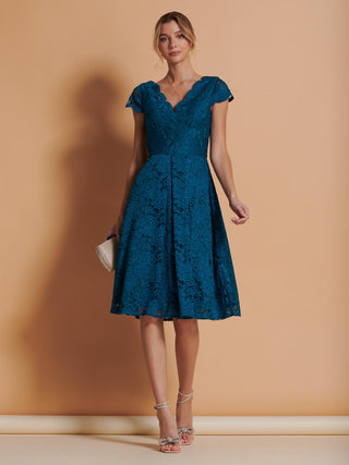1950s Cap Sleeve Lace Prom Dress, Petrol Blue