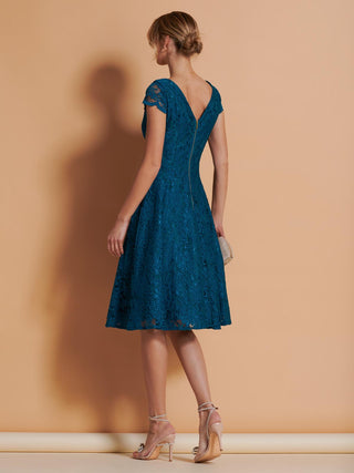 1950s Cap Sleeve Lace Prom Dress, Petrol Blue