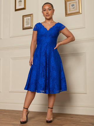 1950s Cap Sleeve Lace Prom Dress, Royal Blue