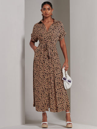 Drop Shoulder Shirt Maxi Dress, Neutral Animal