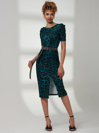 Arica Jersey Puff Sleeve Bodycon Midi Dress, Green Animal Jolie Moi Retail Arica Jersey Puff Sleeve Bodycon Midi Dress, Green Animal Jolie Moi Retail
